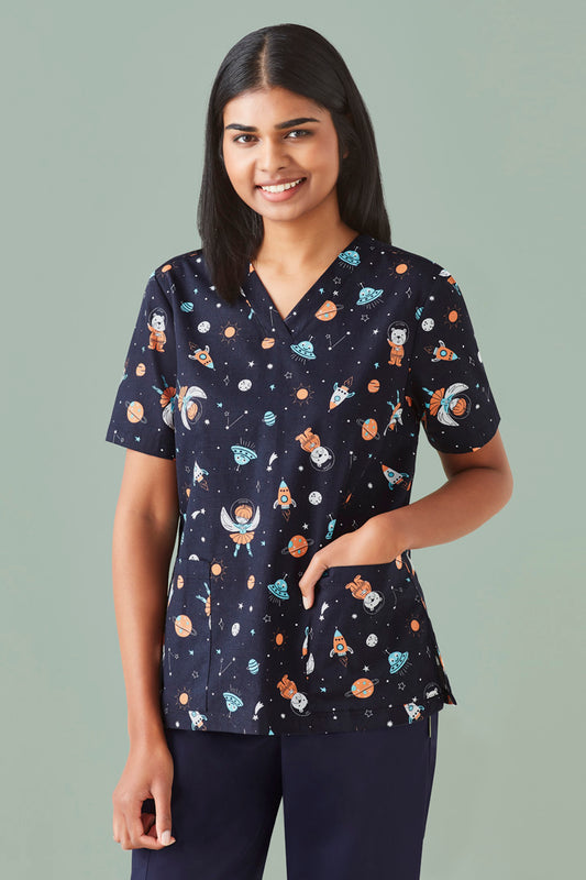 Womens Printed Space Party Scrub Top